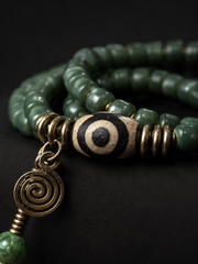 Tibetan Green Bodhi Root & Dzi Bead Wrap Bracelet