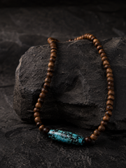 Vintage Tibetan Wooden Beaded Necklace with Turquoise Barrel