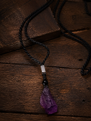 Raw Amethyst Crystal Pendant Necklace on Black Braided Cord