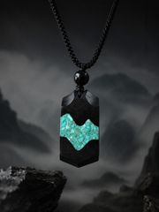 Handmade Tibetan Ebony Wood & Turquoise Mountain Pendant Necklace