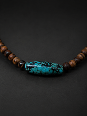 Vintage Tibetan Wooden Beaded Necklace with Turquoise Barrel