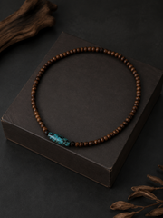 Vintage Tibetan Wooden Beaded Necklace with Turquoise Barrel