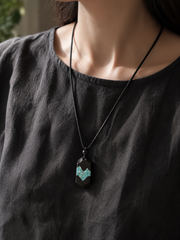 Handmade Tibetan Ebony Wood & Turquoise Mountain Pendant Necklace