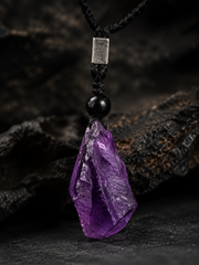 Raw Amethyst Crystal Pendant Necklace on Black Braided Cord