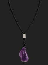 Raw Amethyst Crystal Pendant Necklace on Black Braided Cord