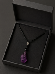 Raw Amethyst Crystal Pendant Necklace on Black Braided Cord