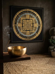 Hand-Painted Black & Gold Kalachakra Mandala Thangka