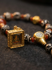 Tibetan Dzi Bead & Gau Box Protection Pendant