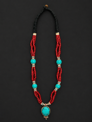 Vintage Tibetan Turquoise & Red Beaded Statement Necklace