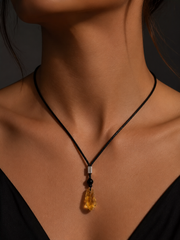 Tibetan Raw Citrine Crystal Necklace - Handmade Raw Stone Pendant on Adjustable Cord