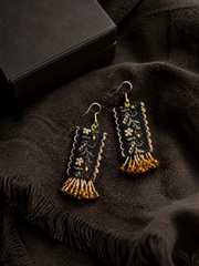Handmade Ethnic Floral Embroidered Earrings with Amber Beads