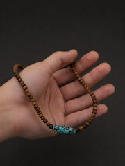 Vintage Tibetan Wooden Beaded Necklace with Turquoise Barrel