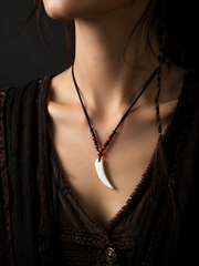 Hand-Carved Tibetan Yak Bone Wolf Tooth Amulet Necklace