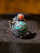 Turquoise and Red Coral Sterling Silver Ring – Talisman of Good Luck, Love, and Himalayan Spiritual Harmony