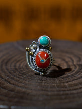 Red Coral and Turquoise Sterling Silver Ring – Talisman of Love, Compassion, and Himalayan Spirit