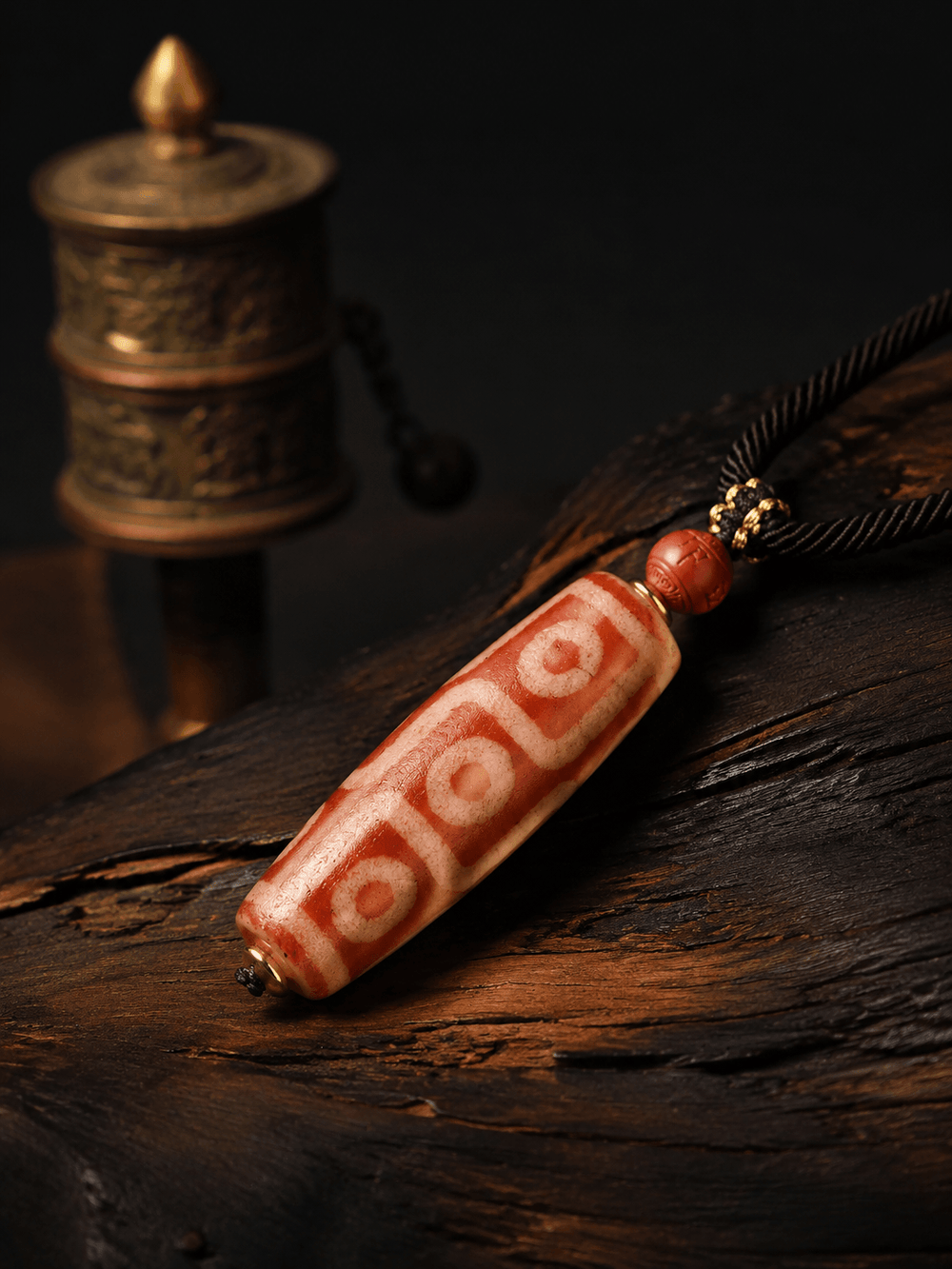 Authentic Tibetan 9-Eye Red Agate Dzi Bead Pendant Necklace