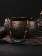 Vintage Tibetan Wooden Beaded Necklace with Turquoise Barrel