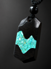 Handmade Tibetan Ebony Wood & Turquoise Mountain Pendant Necklace