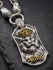 Handmade Tibetan Silver Crowned Lion King Necklace