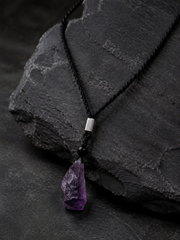 Raw Amethyst Crystal Pendant Necklace on Black Braided Cord