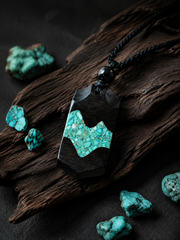 Handmade Tibetan Ebony Wood & Turquoise Mountain Pendant Necklace