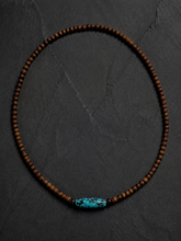 Vintage Tibetan Wooden Beaded Necklace with Turquoise Barrel