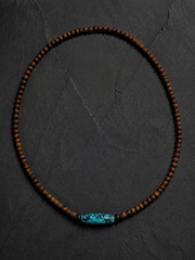Vintage Tibetan Wooden Beaded Necklace with Turquoise Barrel