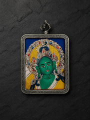Hand-Painted Tibetan Green Tara Thangka Pendant Amulet