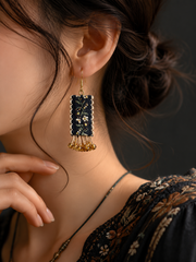 Handmade Ethnic Floral Embroidered Earrings with Amber Beads