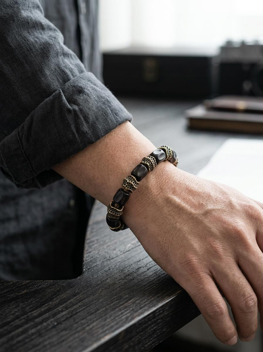 Tibetan Vintage Ebony Wood & Bronze Meditation Bracelet