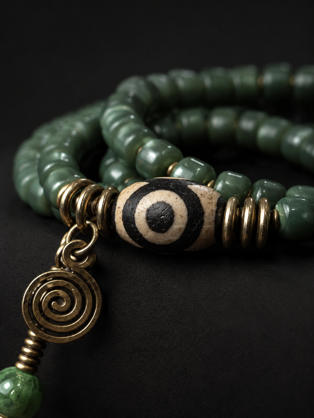 Tibetan Green Bodhi Root & Dzi Bead Wrap Bracelet