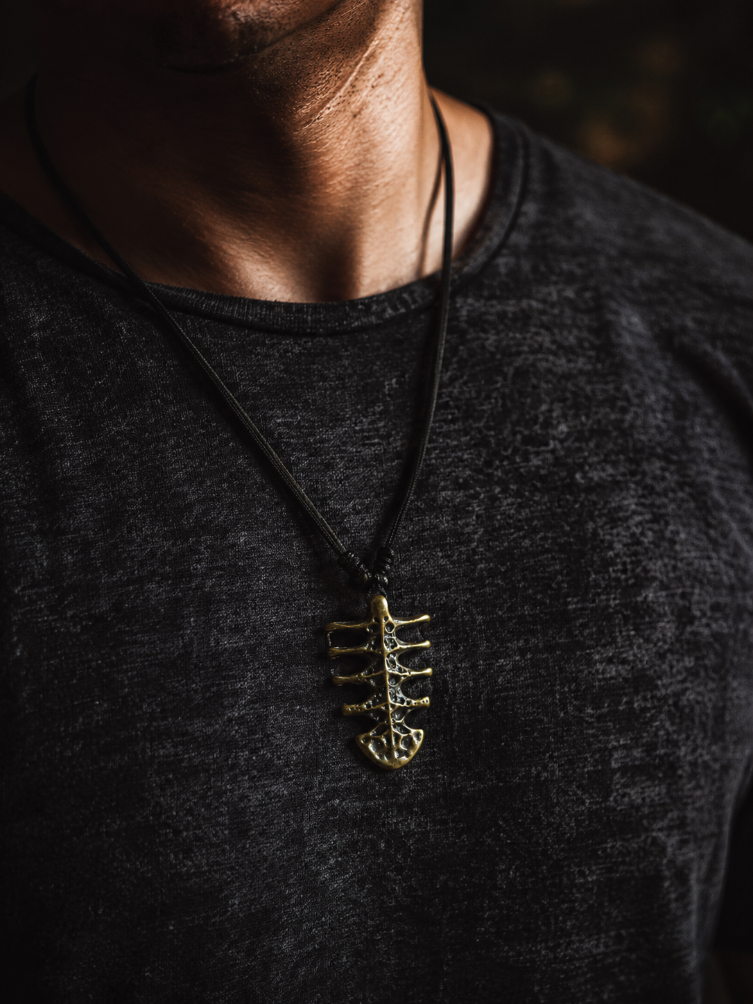 Vintage Brass Fishbone Amulet Pendant Necklace