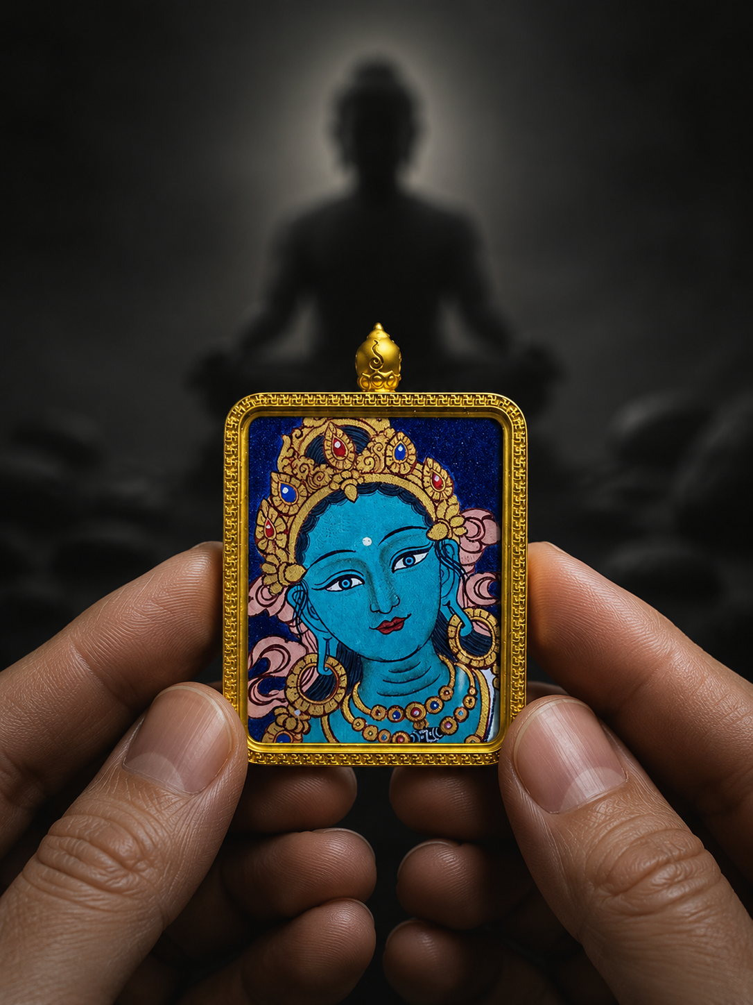 Hand-Painted Tibetan Green Tara Thangka Pendant Amulet