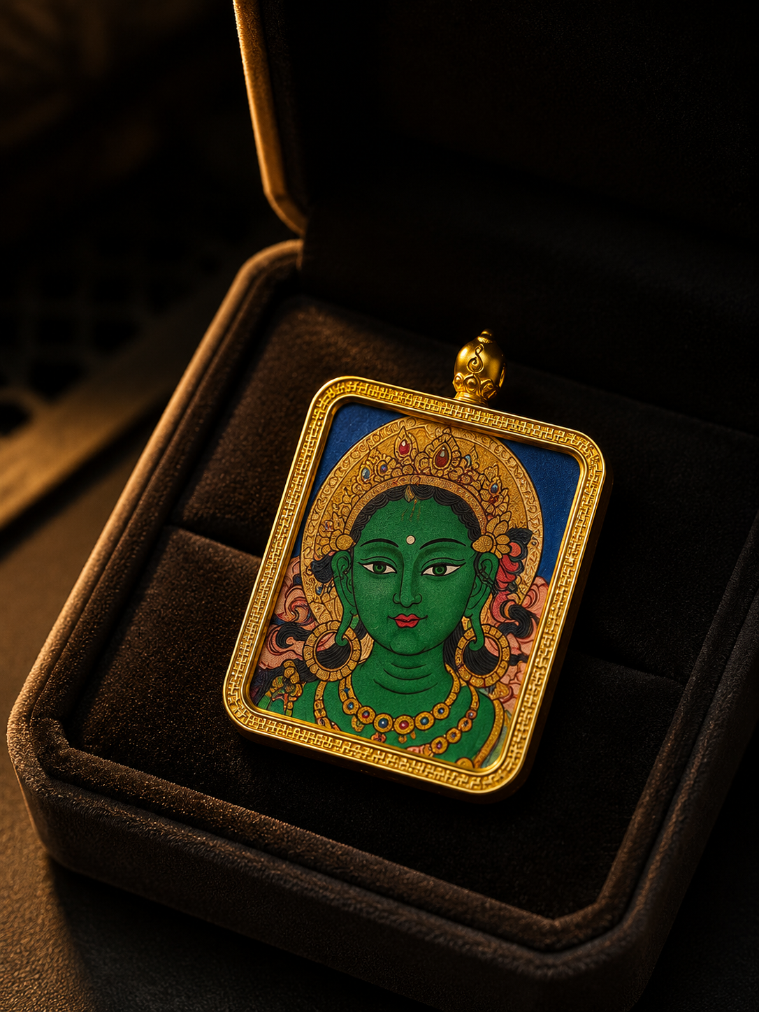 Hand-Painted Tibetan Green Tara Thangka Pendant Amulet
