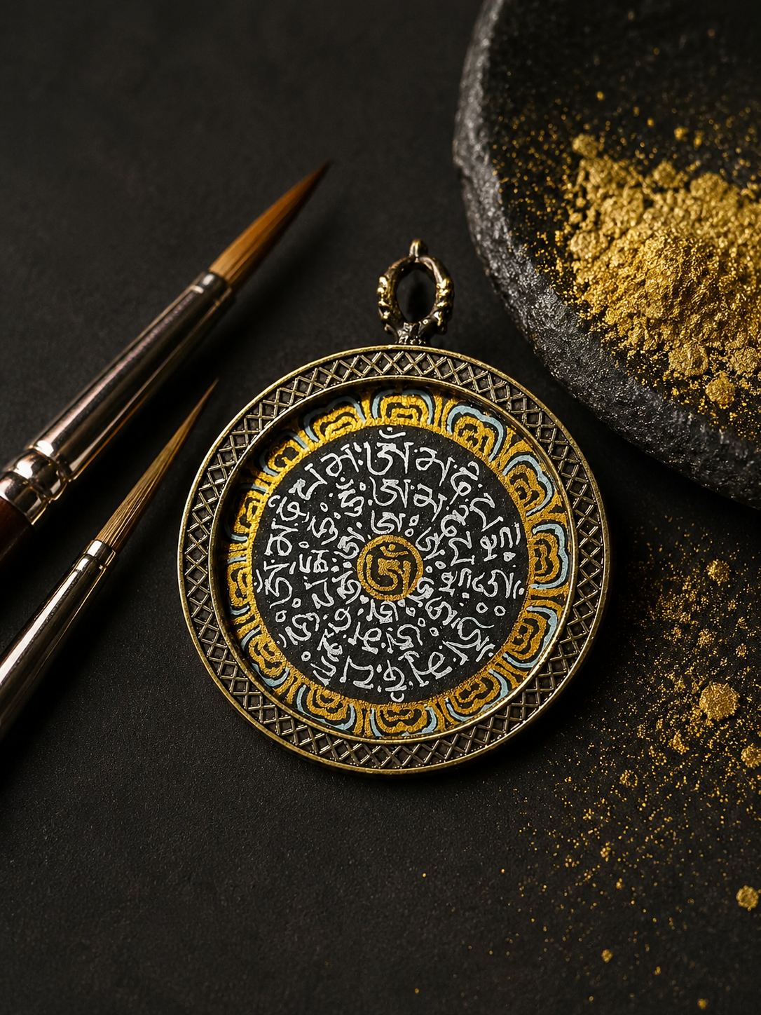 Hand-Painted Tibetan Thangka Mantra Amulet Pendant