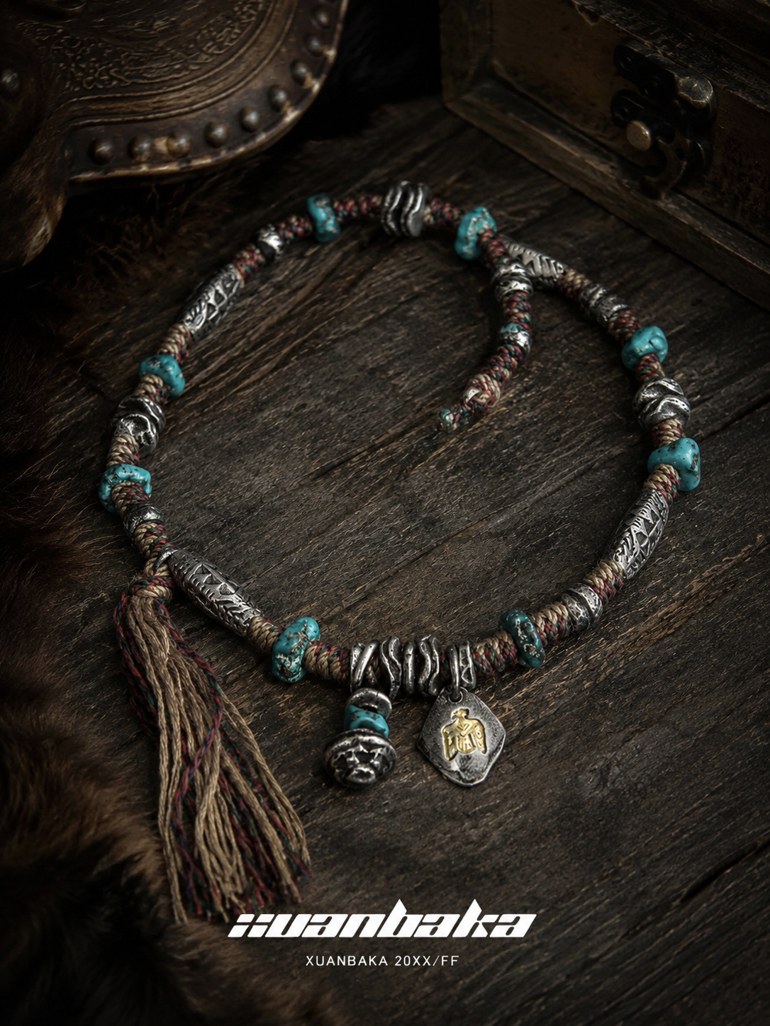 Tibetan Eagle & Mani Stone Vintage Braided Rope Necklace
