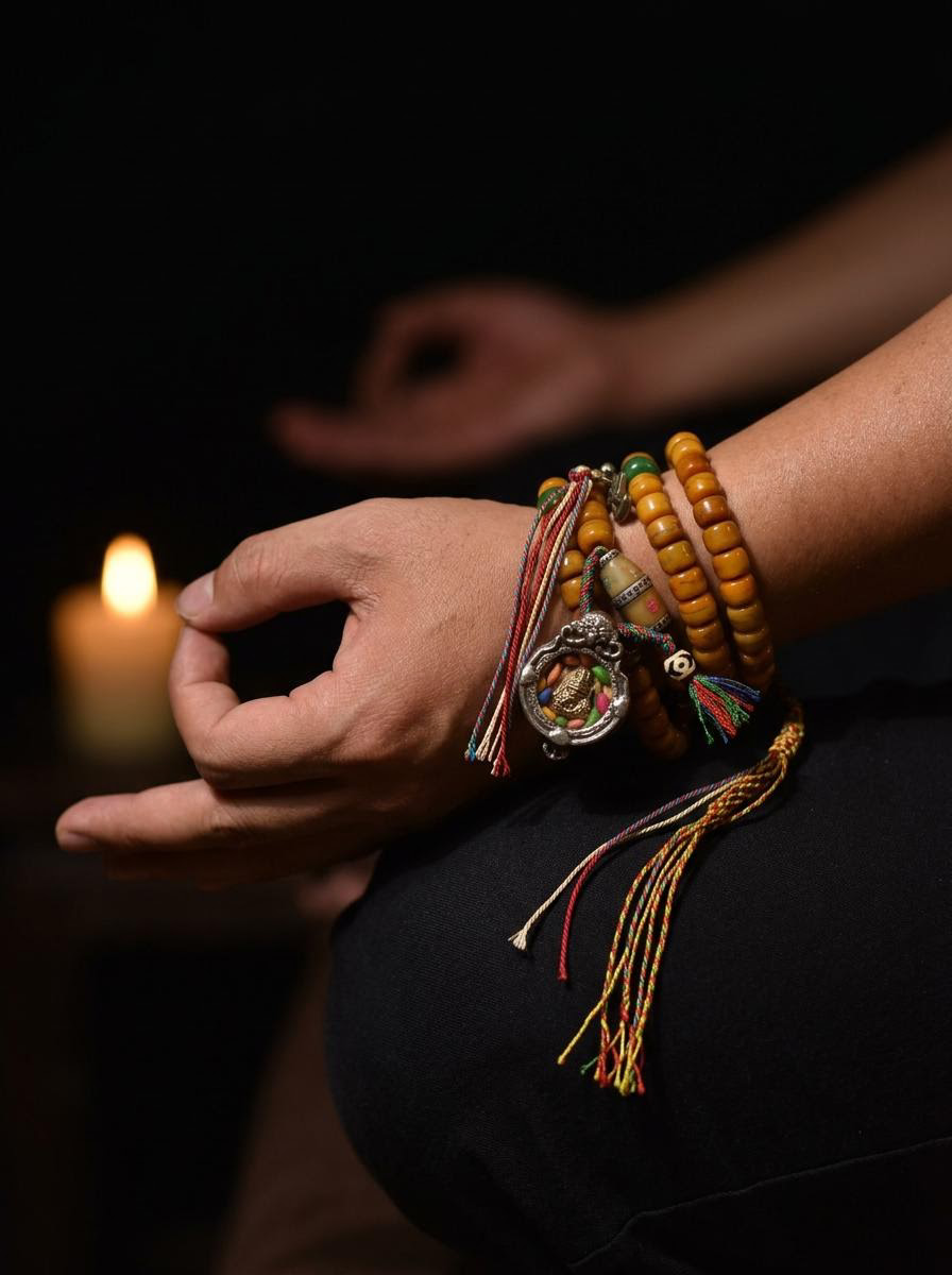 Tibetan Yak Bone 108 Mala Bracelet with Zhaji Lamu Amulet