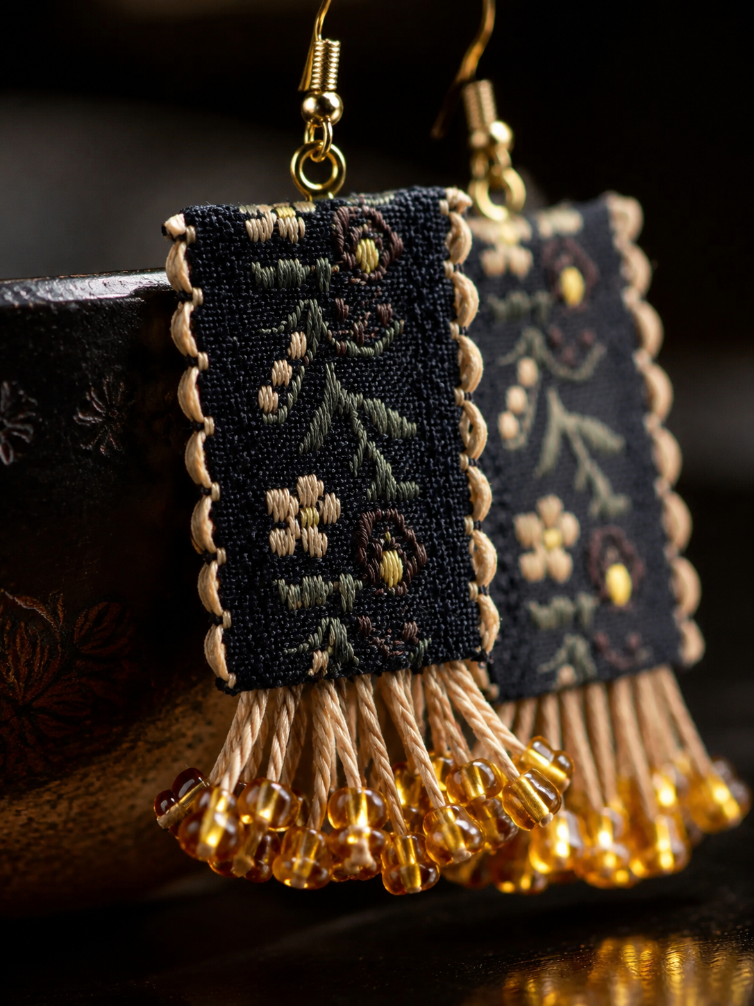 Handmade Ethnic Floral Embroidered Earrings with Amber Beads