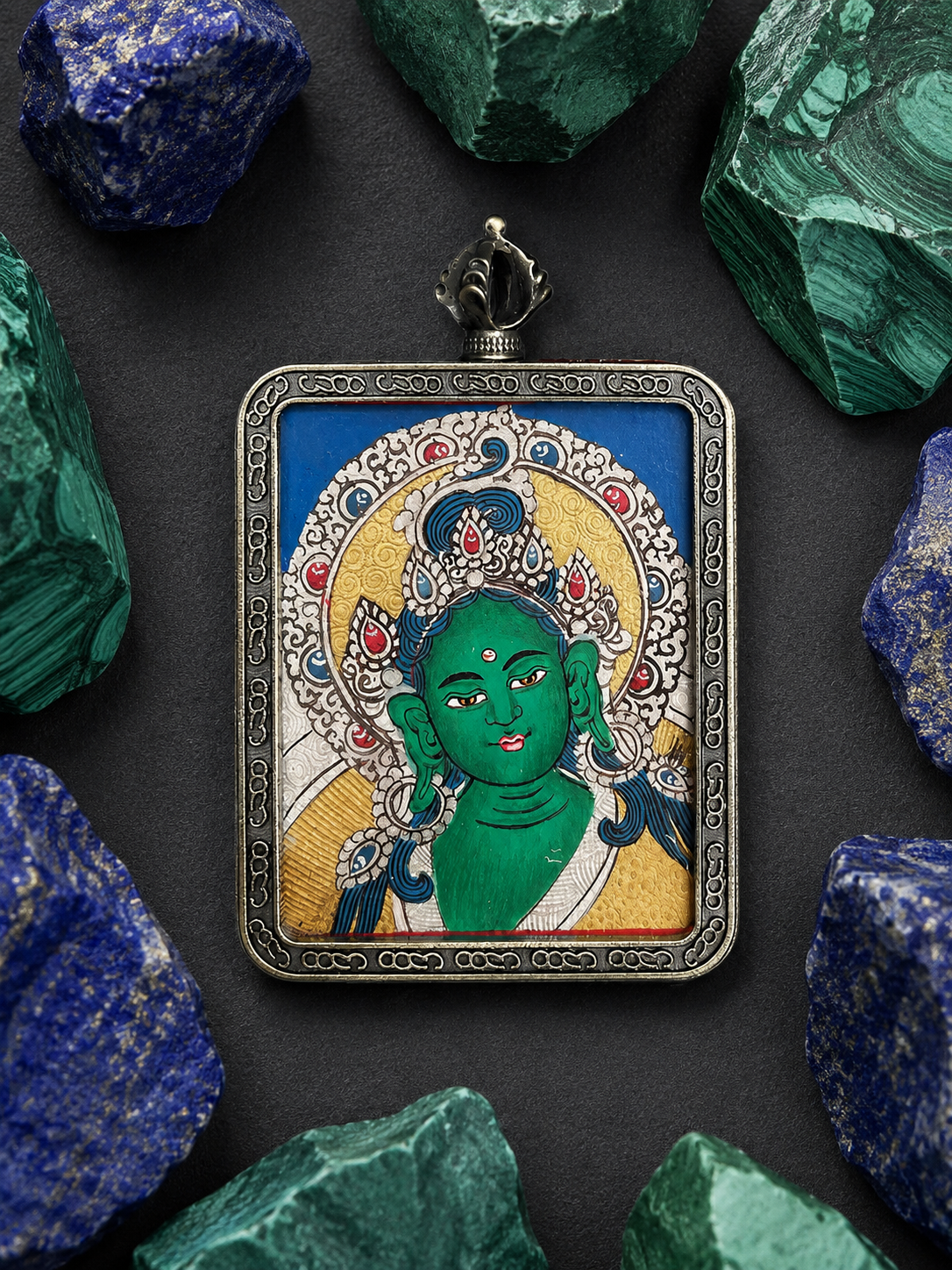 Hand-Painted Tibetan Green Tara Thangka Pendant Amulet