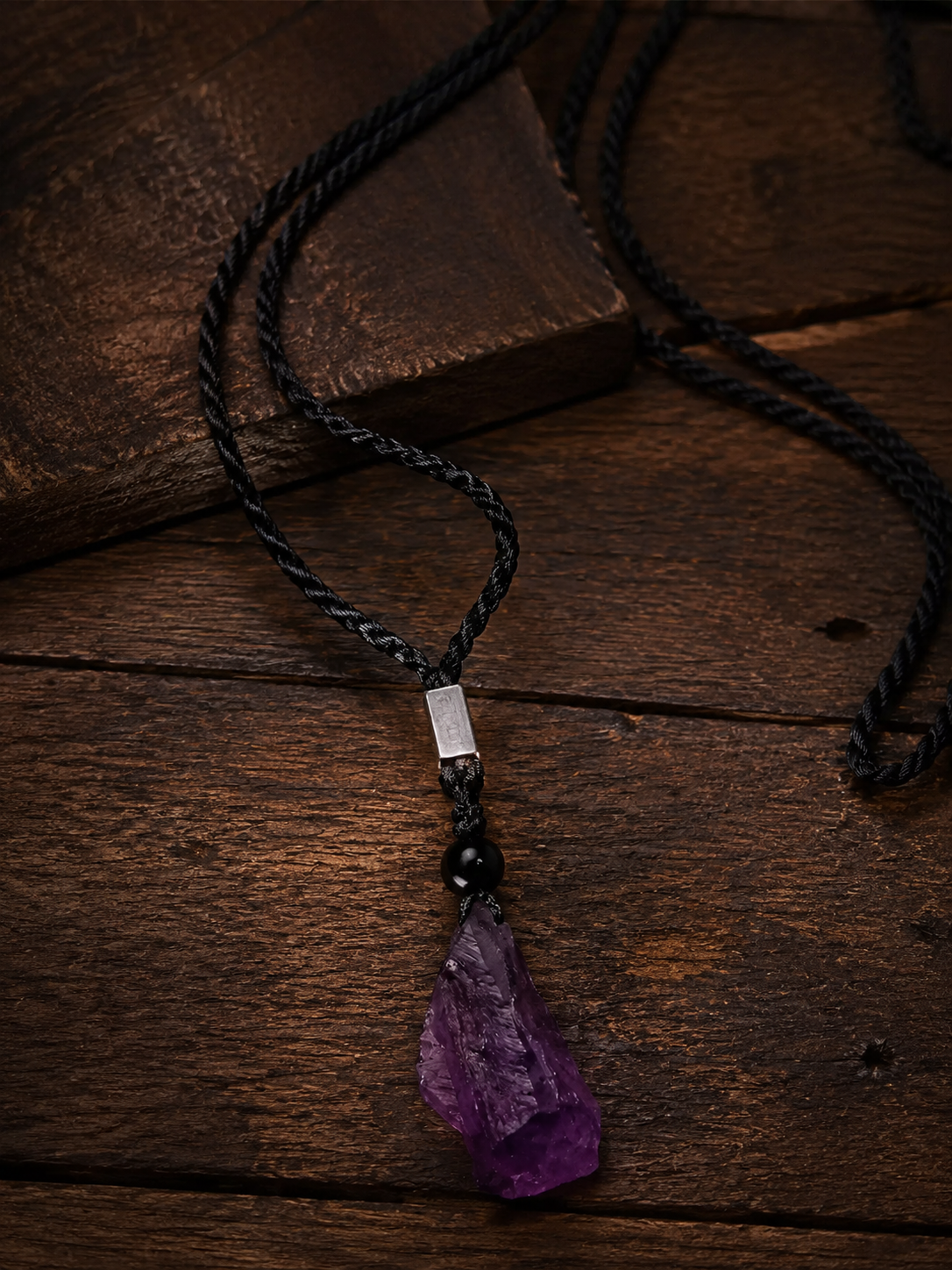 Raw Amethyst Crystal Pendant Necklace on Black Braided Cord