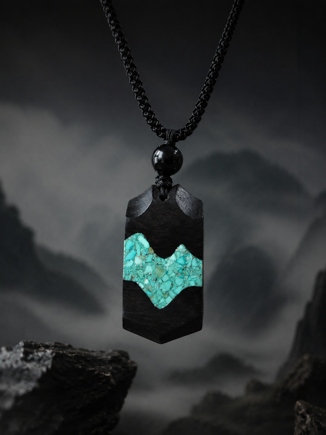 Handmade Tibetan Ebony Wood & Turquoise Mountain Pendant Necklace