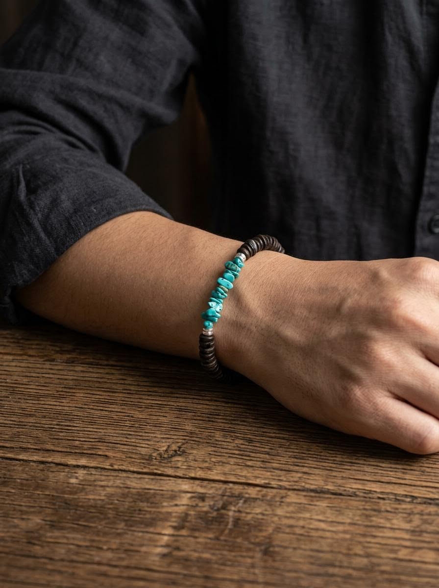 Tibetan Natural Turquoise & Agarwood 925 Silver Bracelet
