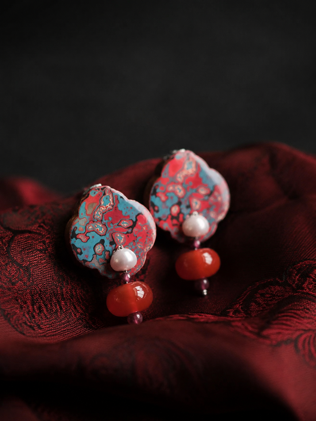 Vintage Tibetan Lacquer-Style Dangle Earrings