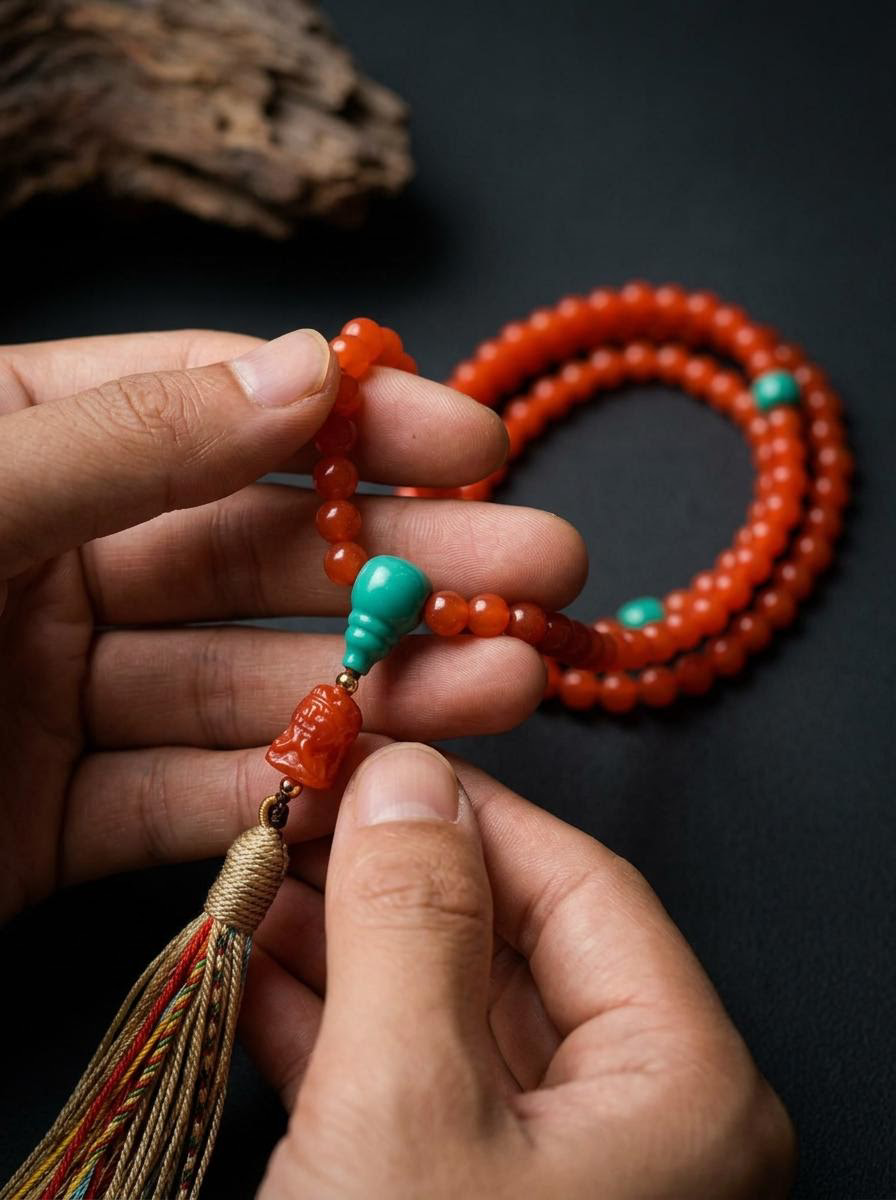 Authentic Tibetan Red Agate 108 Mala Bead Bracelet
