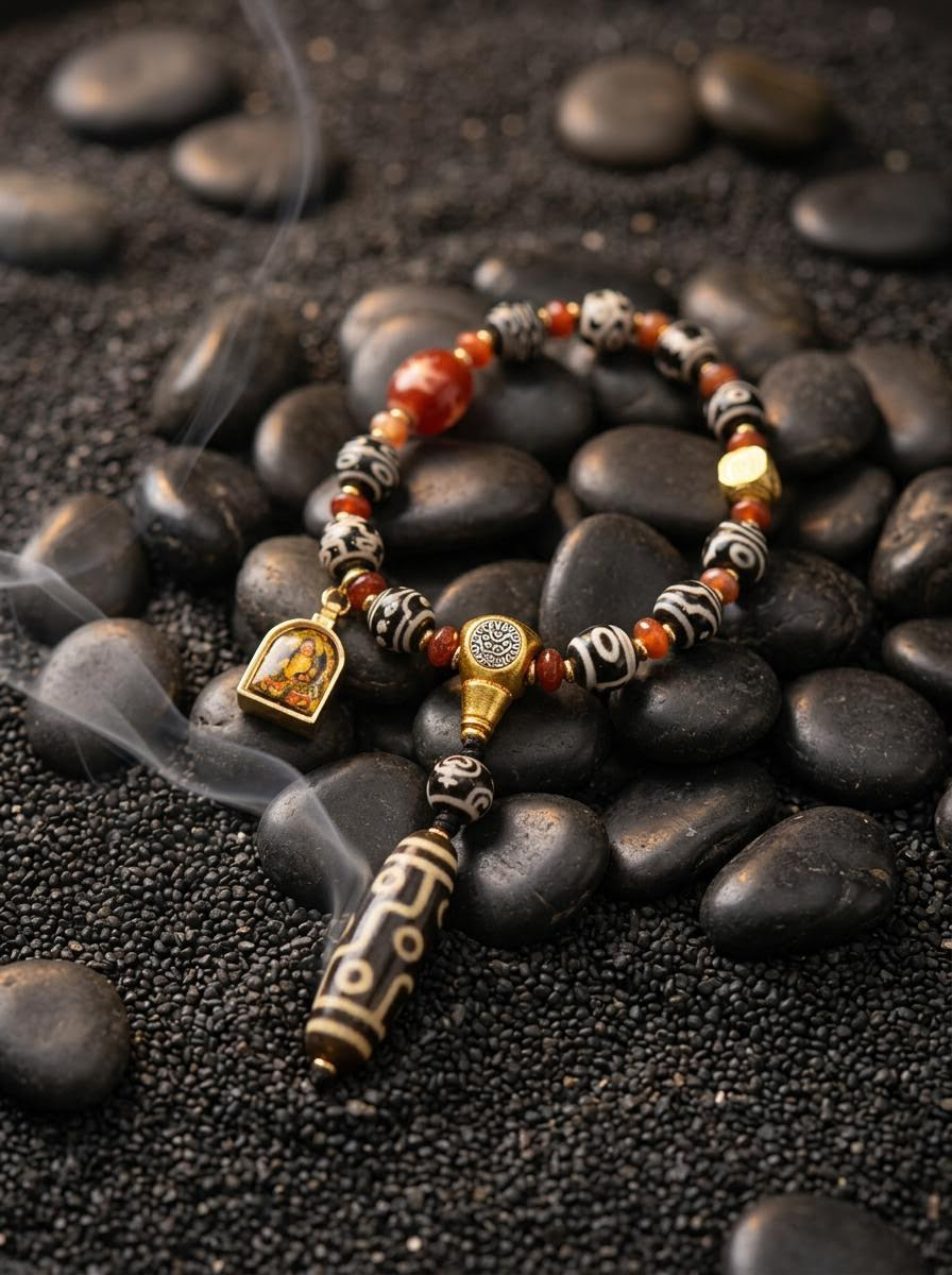 Tibetan Dzi Bead & Gau Box Protection Pendant