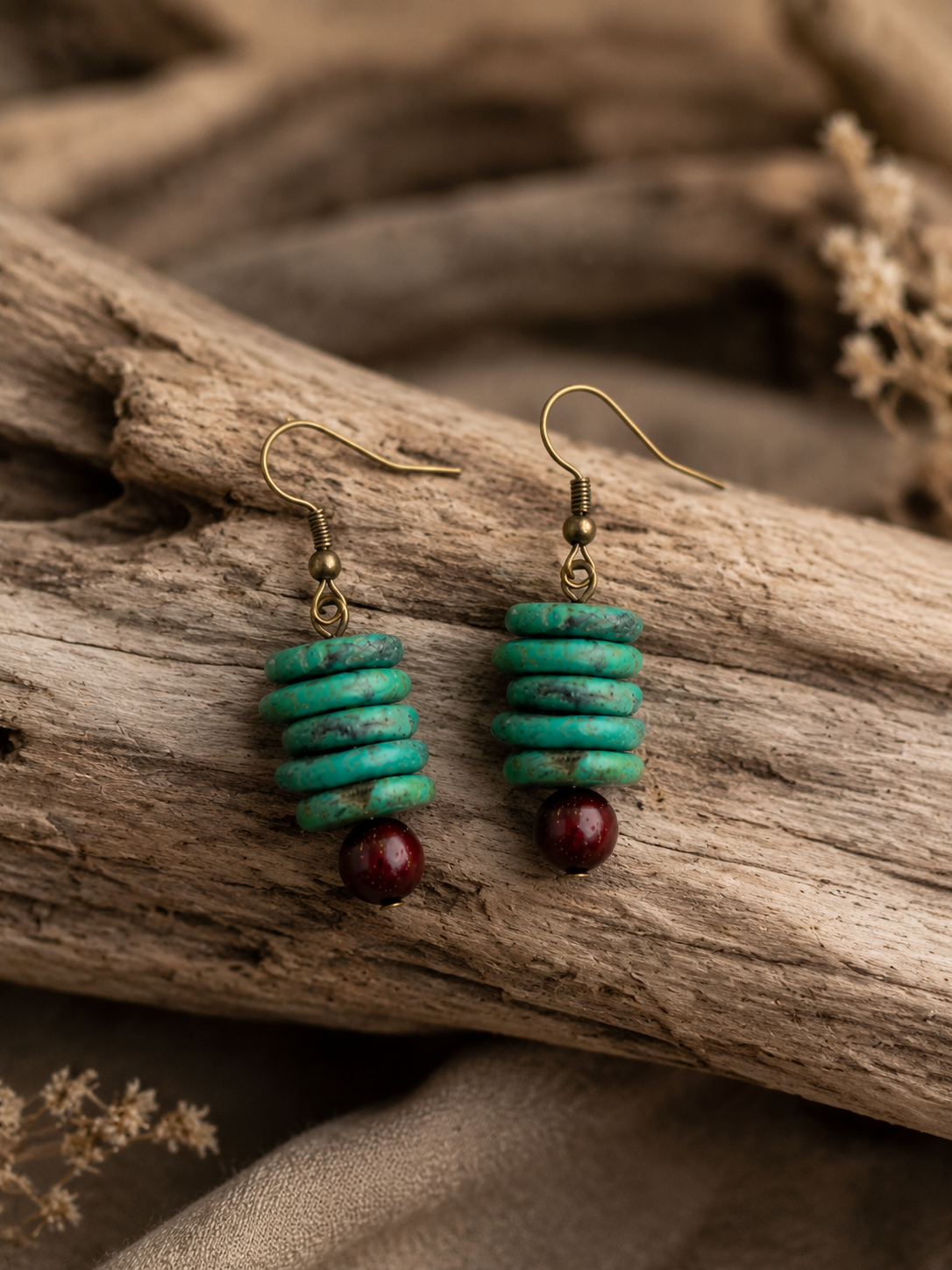 Vintage Tibetan Magnesite & Sandalwood Drop Earrings