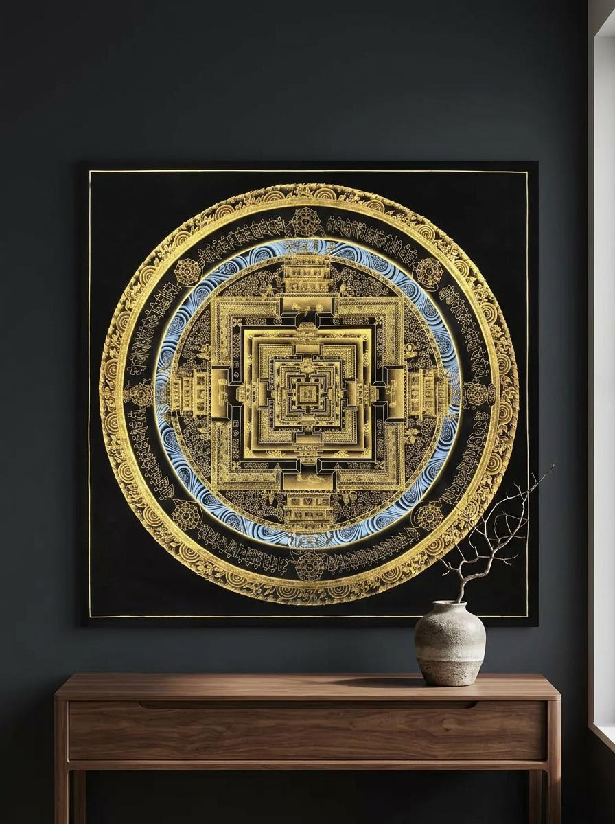 Hand-Painted Black & Gold Kalachakra Mandala Thangka