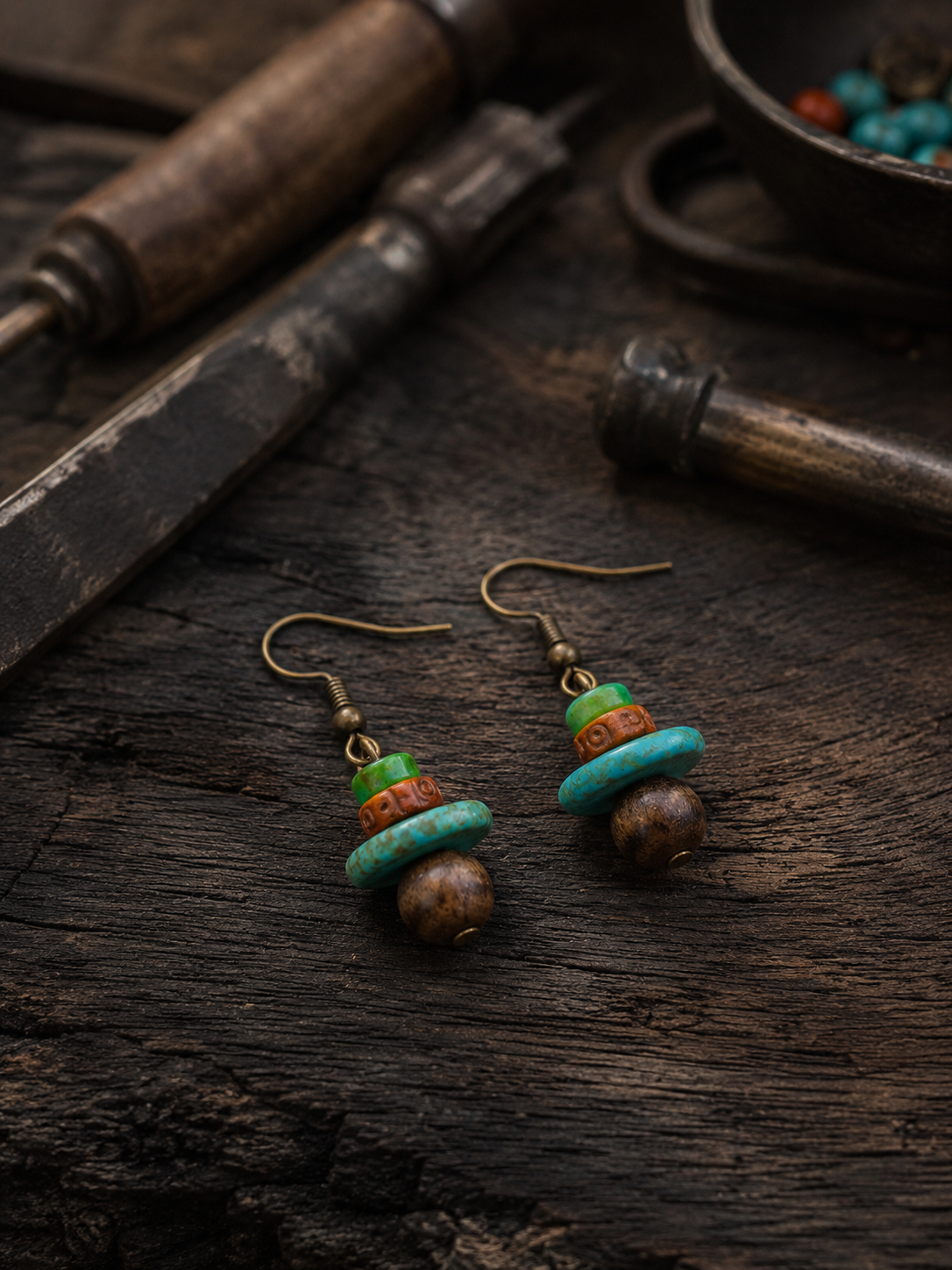 Vintage Tibetan Magnesite & Bodhi Dangle Earrings