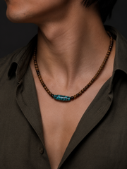 Vintage Tibetan Wooden Beaded Necklace with Turquoise Barrel