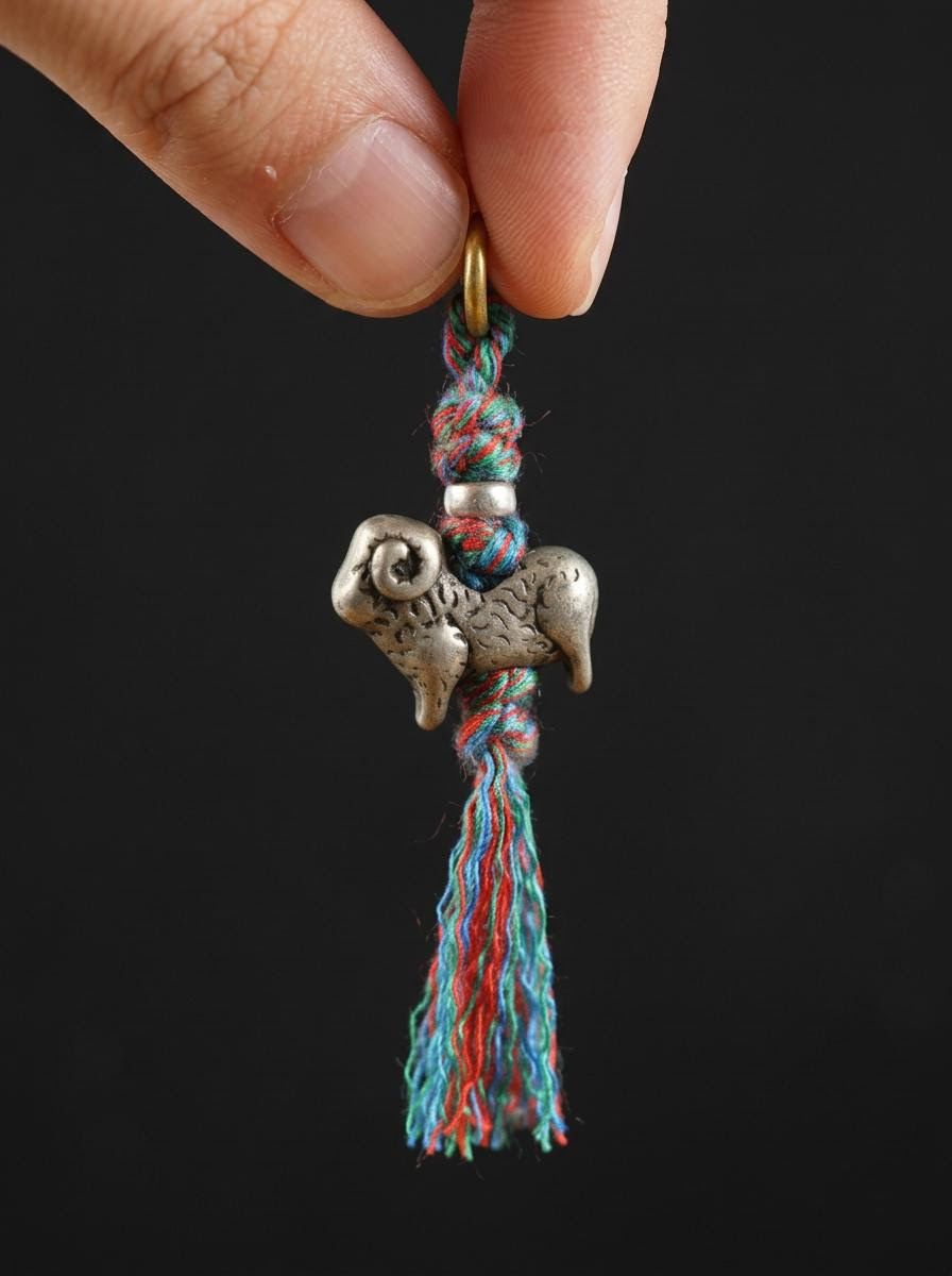 Tibetan White Copper Zodiac Sheep Mala Pendant